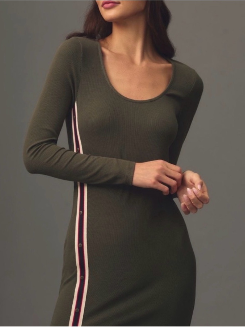 Anthropologie Olive Green Ribbed Long-Sleeve Dress with Side Stripe (M)